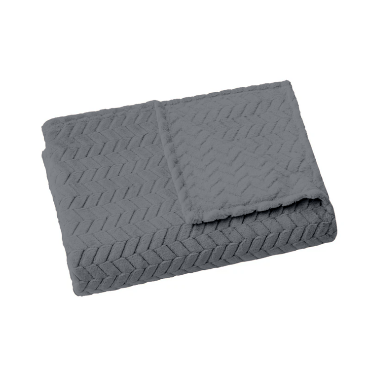 Folded gray textured blanket on a white background