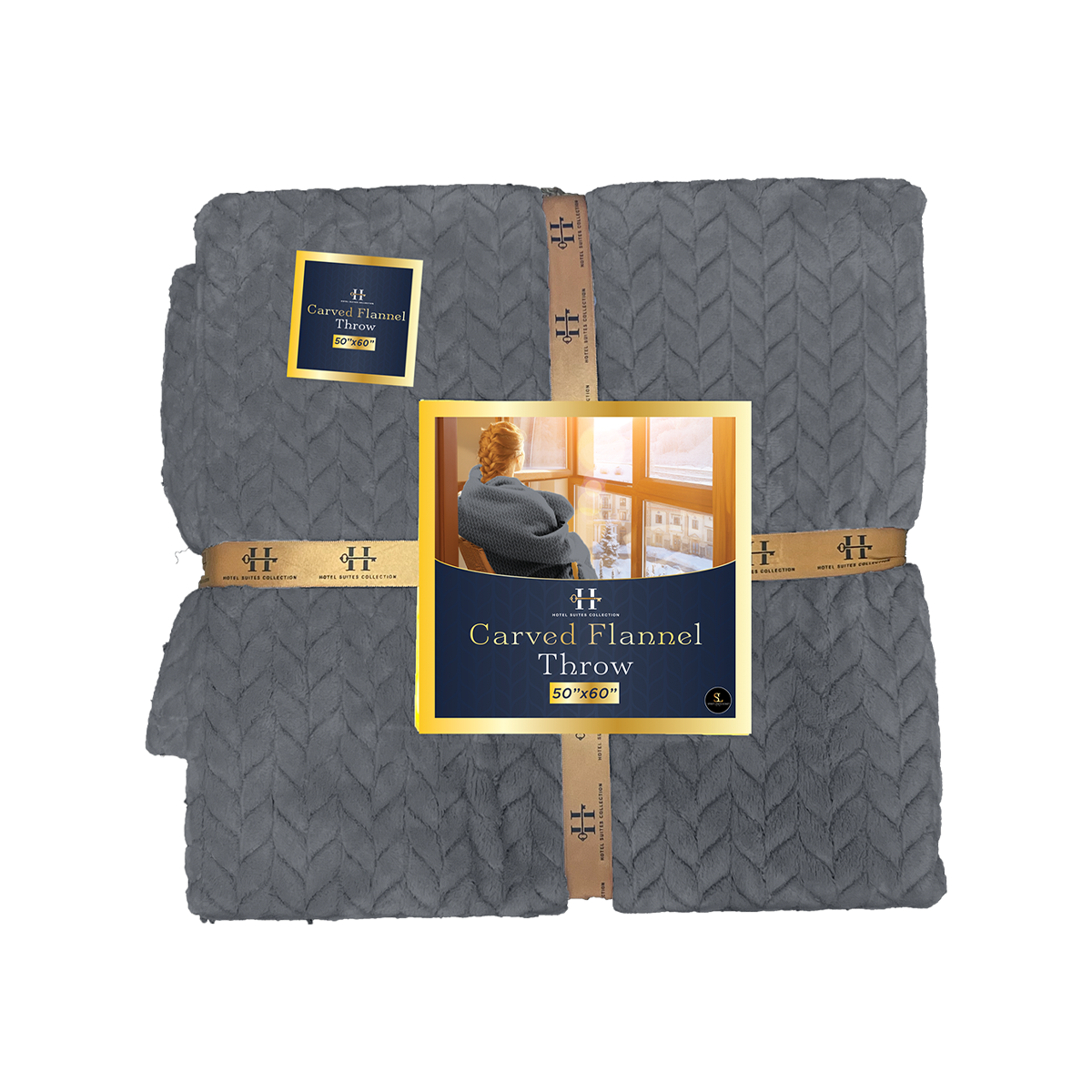 Gray flannel throw blanket with brand label on a white background