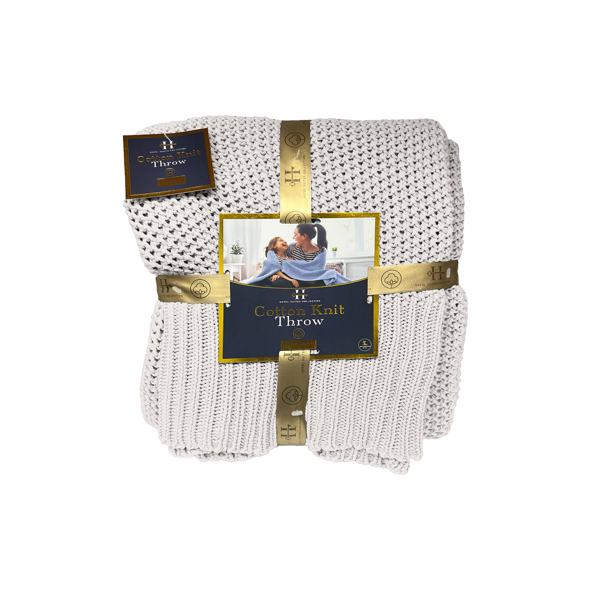 White knit throw blanket with packaging on a white background