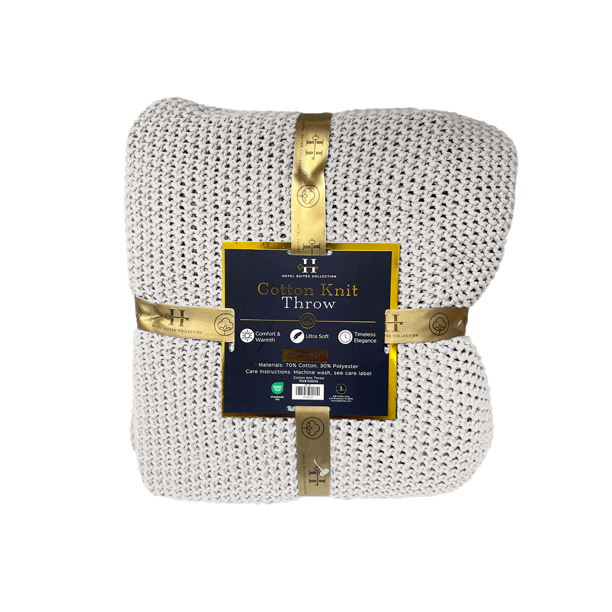 White crochet throw blanket with gold packaging on a white background