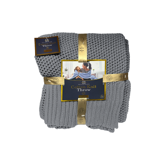 Gray knit throw blanket with packaging on a white background