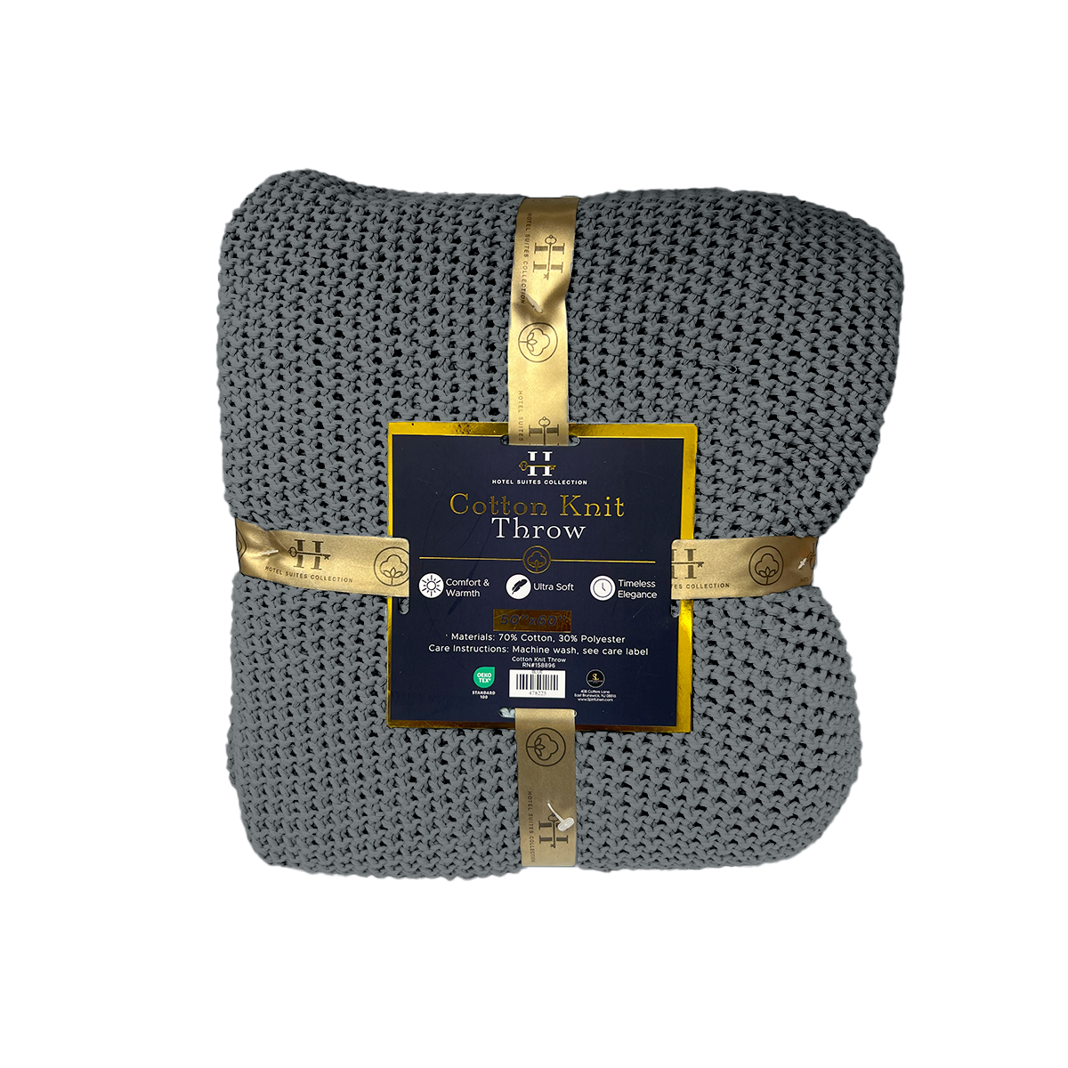 Gray knit throw blanket with gold packaging on a white background