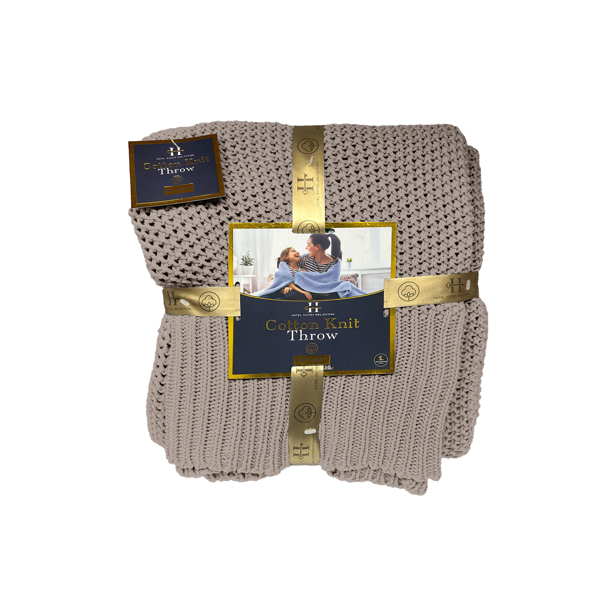 Knitted throw blanket with packaging on a white background