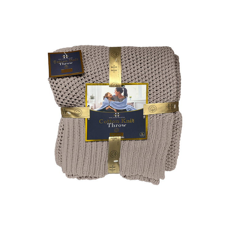 Knitted throw blanket with packaging on a white background