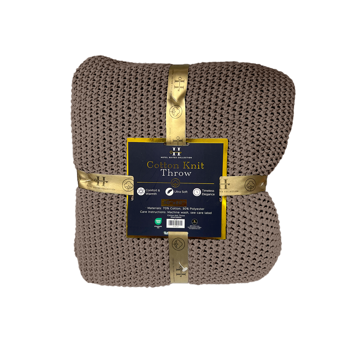 Brown knit throw blanket with a gold label on a white background