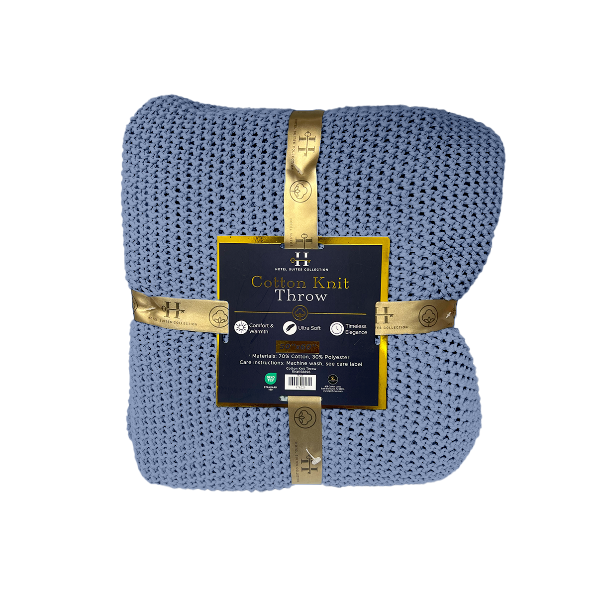 Blue knit throw blanket with gold packaging on a white background