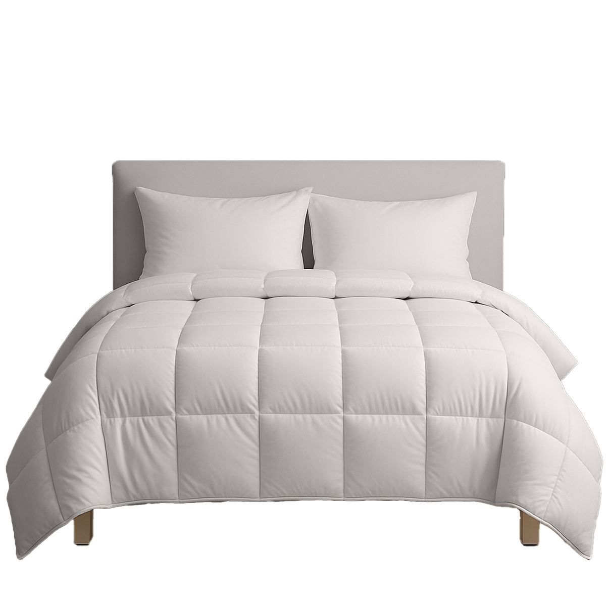 Gray comforter set on a bed with white pillows against a white background