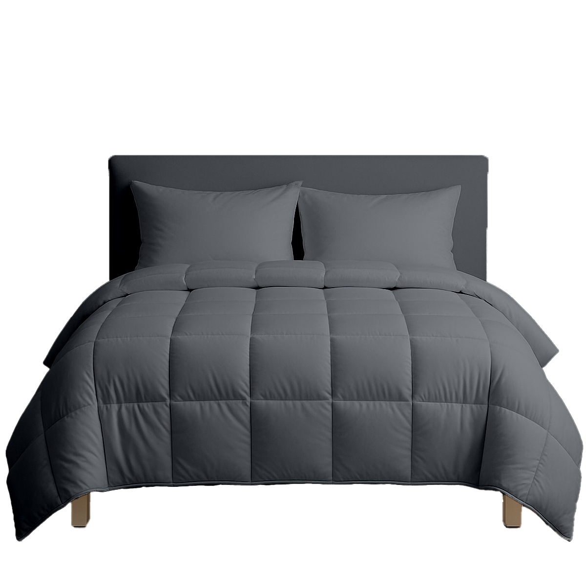 Gray comforter set on a bed with pillows against a white background