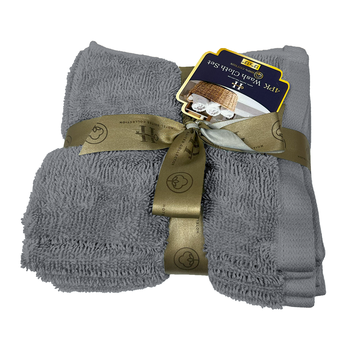 Set of gray towels with a gold ribbon and brand label on a white background