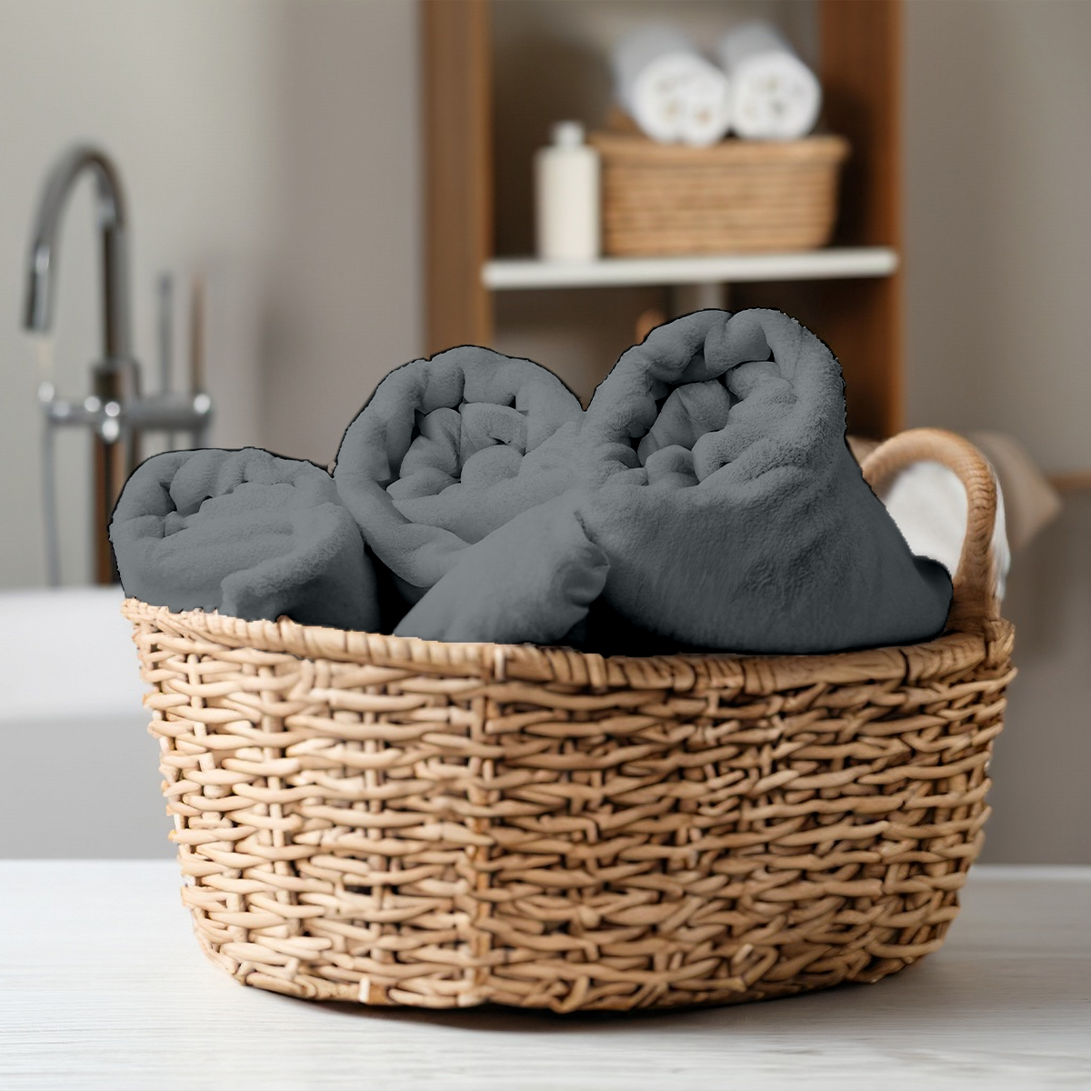 Wicker basket with gray towels on a bathroom counter
