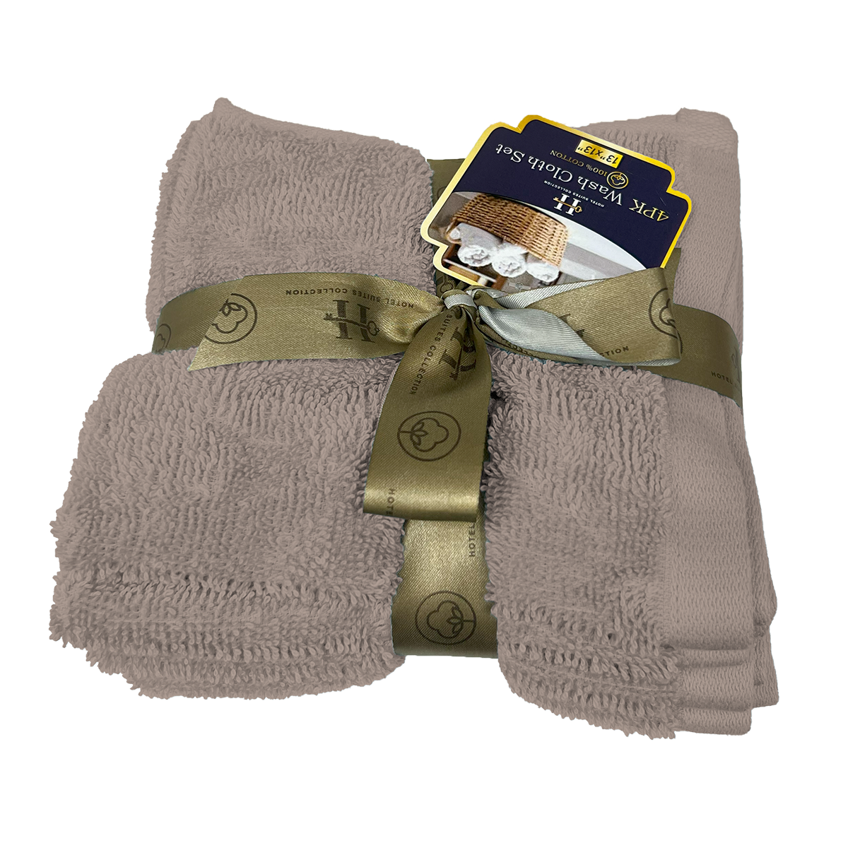 Folded beige towel set with a gold ribbon and tag on a white background