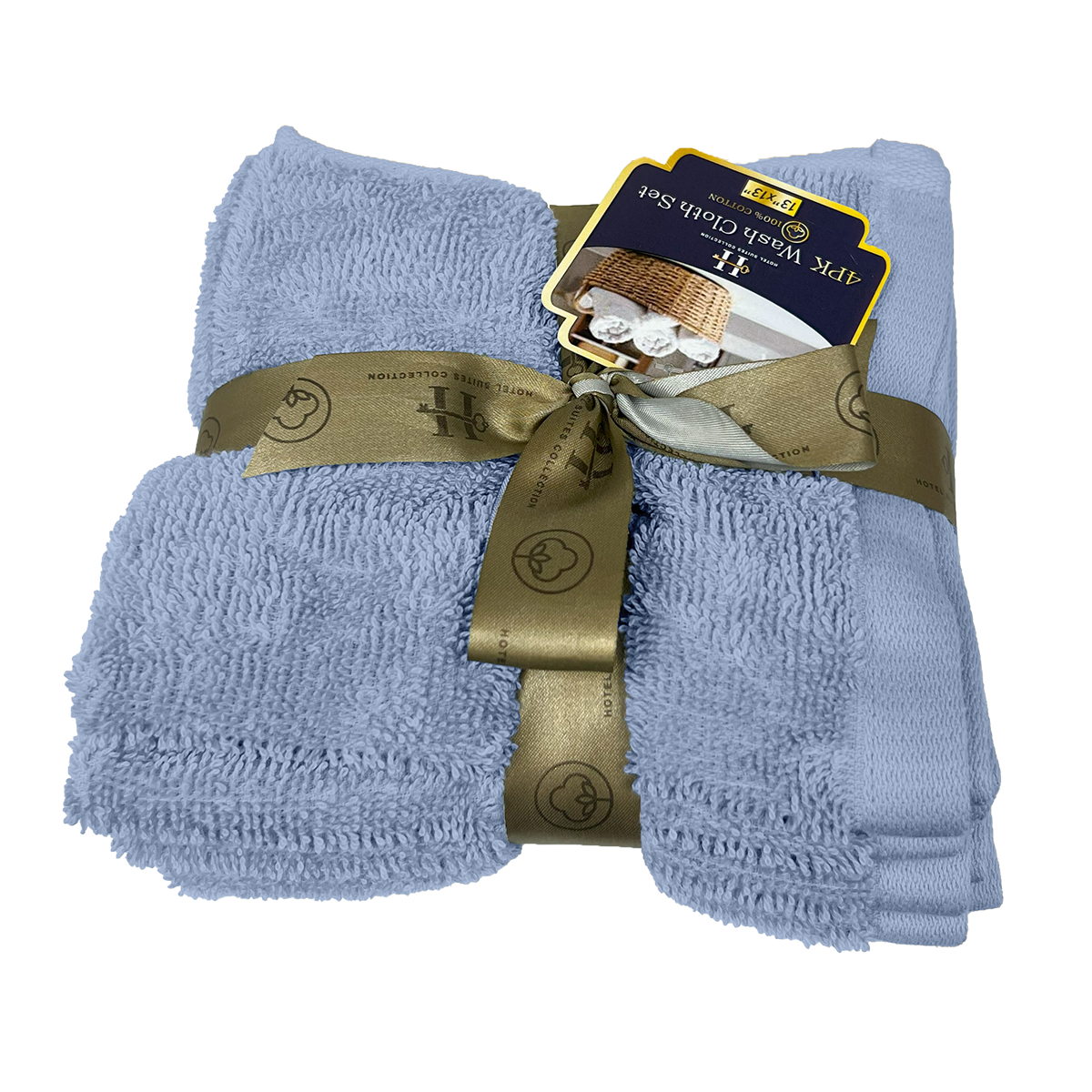 Set of blue towels with a gold ribbon and tag on a white background