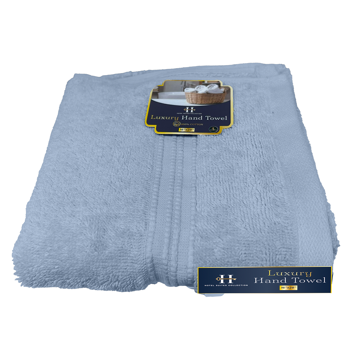 Blue luxury hand towel with 'Luxury Hand Towel' label on a white background