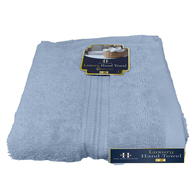 Blue luxury hand towel with 'Luxury Hand Towel' label on a white background