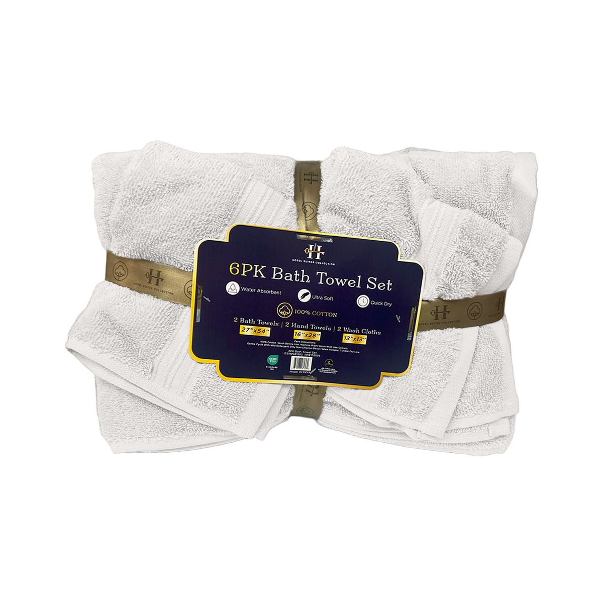 Packaged 6PK Bath Towel Set with a label on a white background