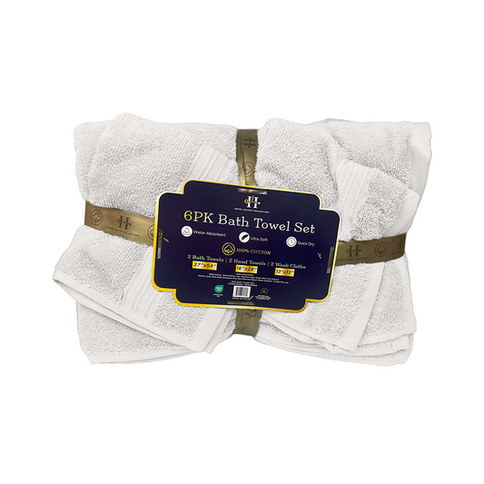 Packaged 6PK Bath Towel Set with a label on a white background