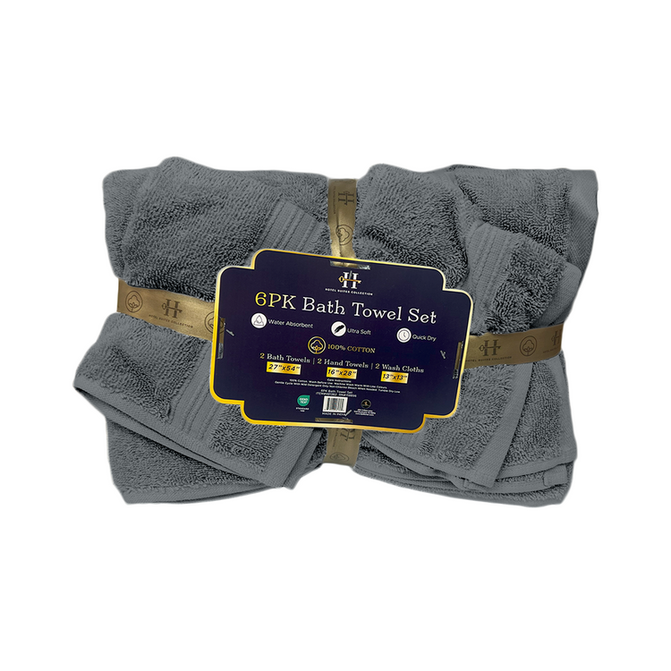 Packaged set of gray bath towels with a label on a white background