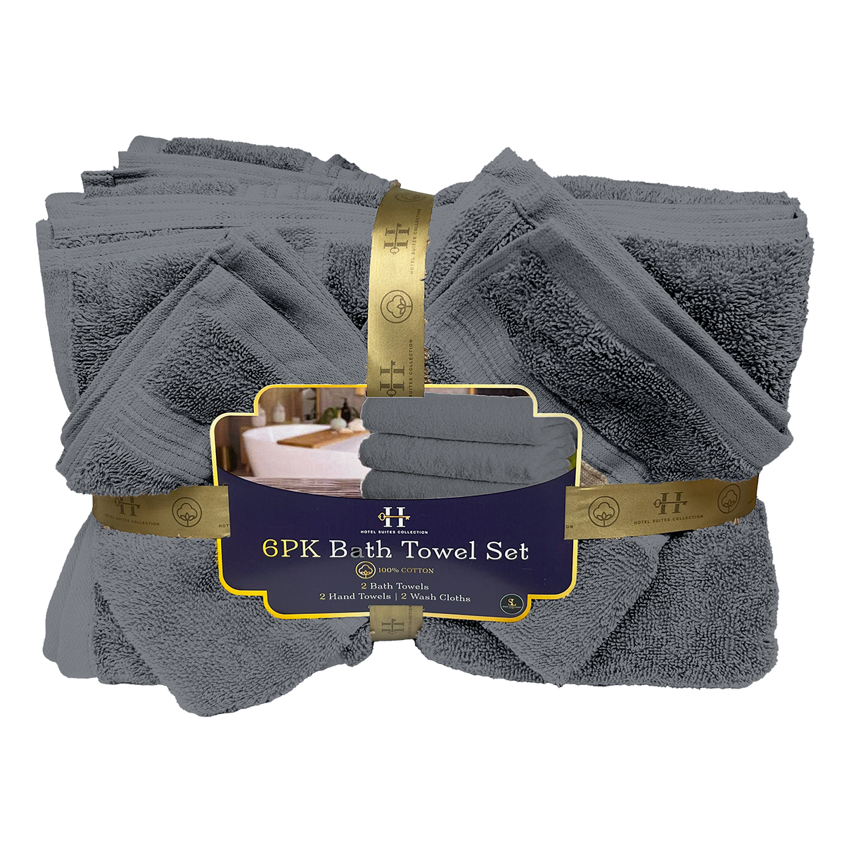 Set of gray bath towels with a gold and purple label on a white background