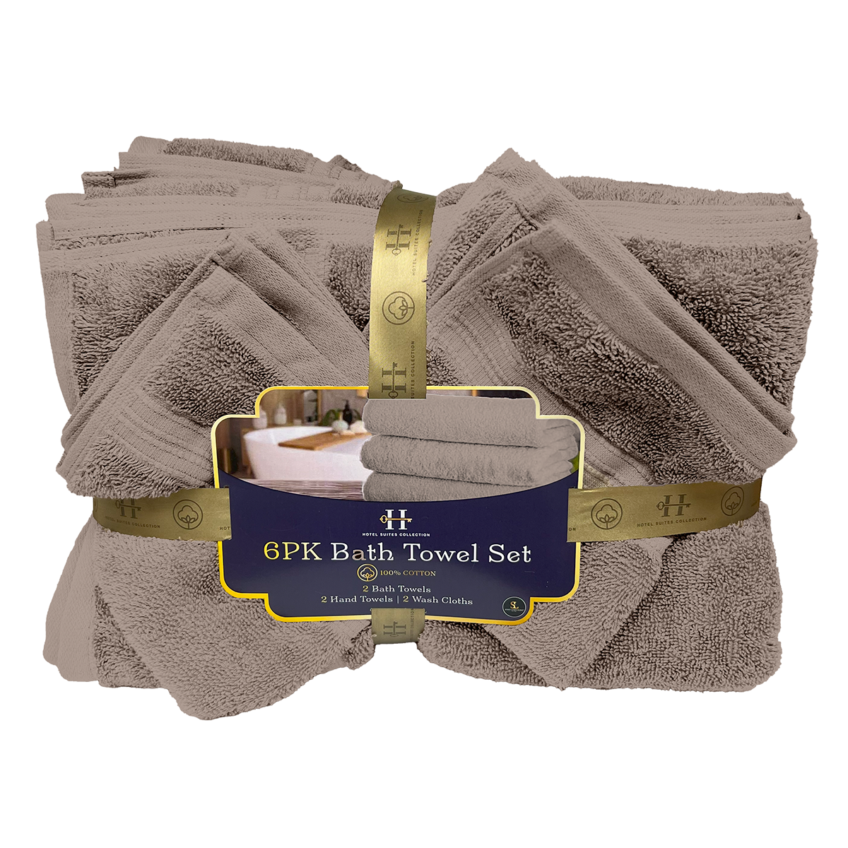 Packaged set of six brown bath towels with a brand label on a white background