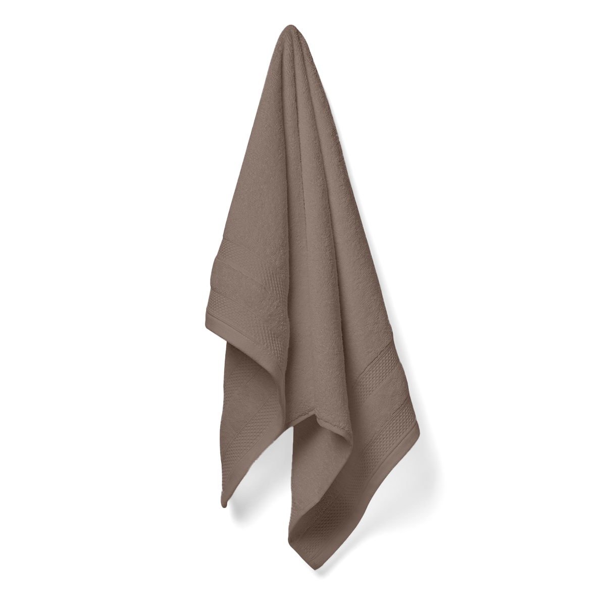 Brown towel hanging on a white background