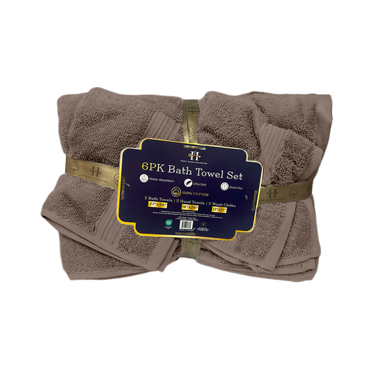 Packaged brown bath towel set with a label on a white background