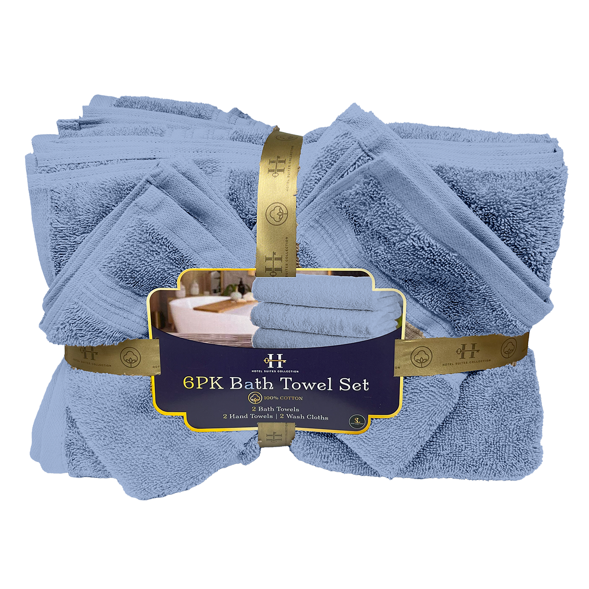 Set of blue bath towels with a brand label on a white background