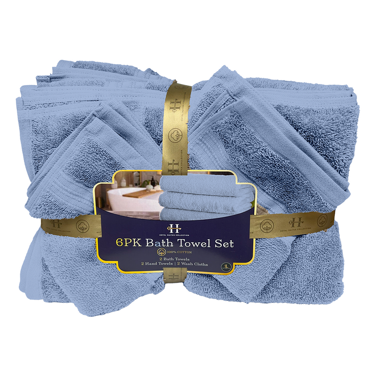 Set of blue bath towels with a brand label on a white background
