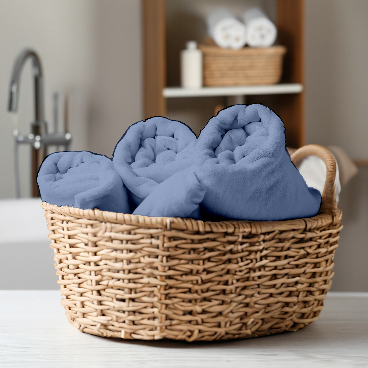 Wicker basket with blue towels in a bathroom setting