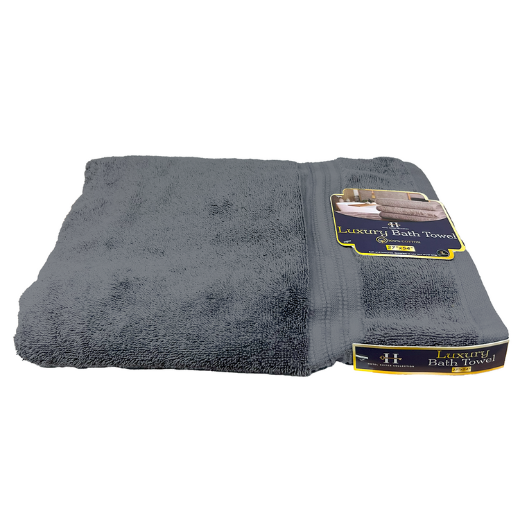 Gray bath towel with a brand label on a white background