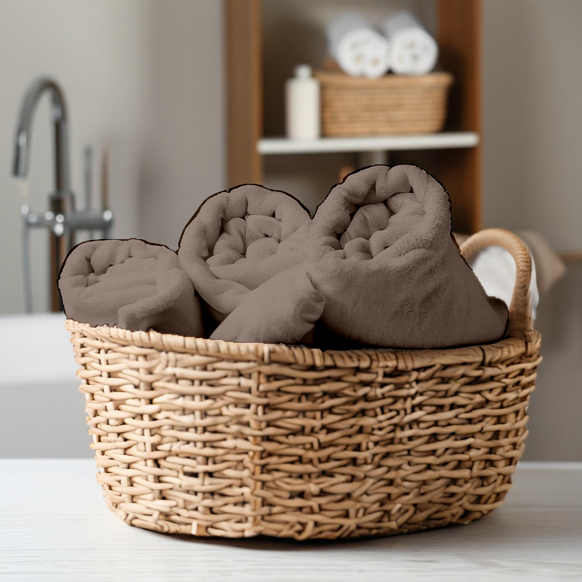 Wicker basket with folded towels on a bathroom counter