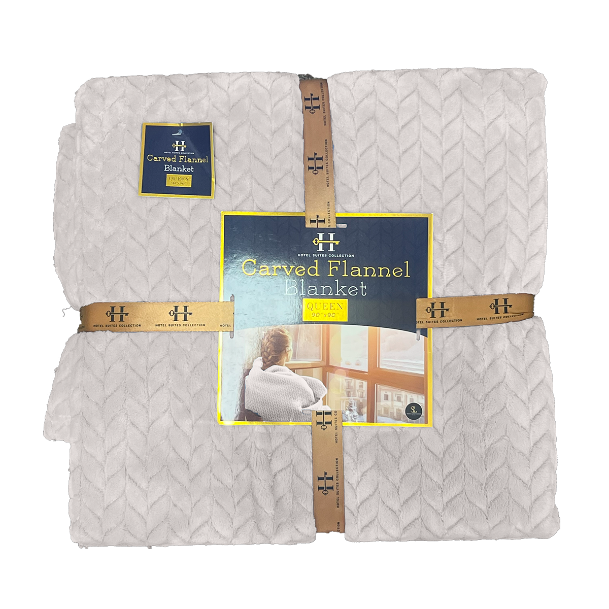 Packaged Carved Flannel blanket with brand label on a white background