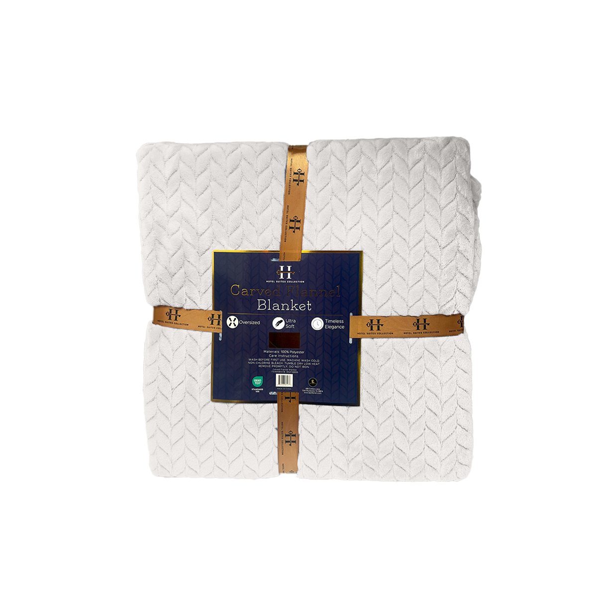 White quilted blanket with a label on a white background