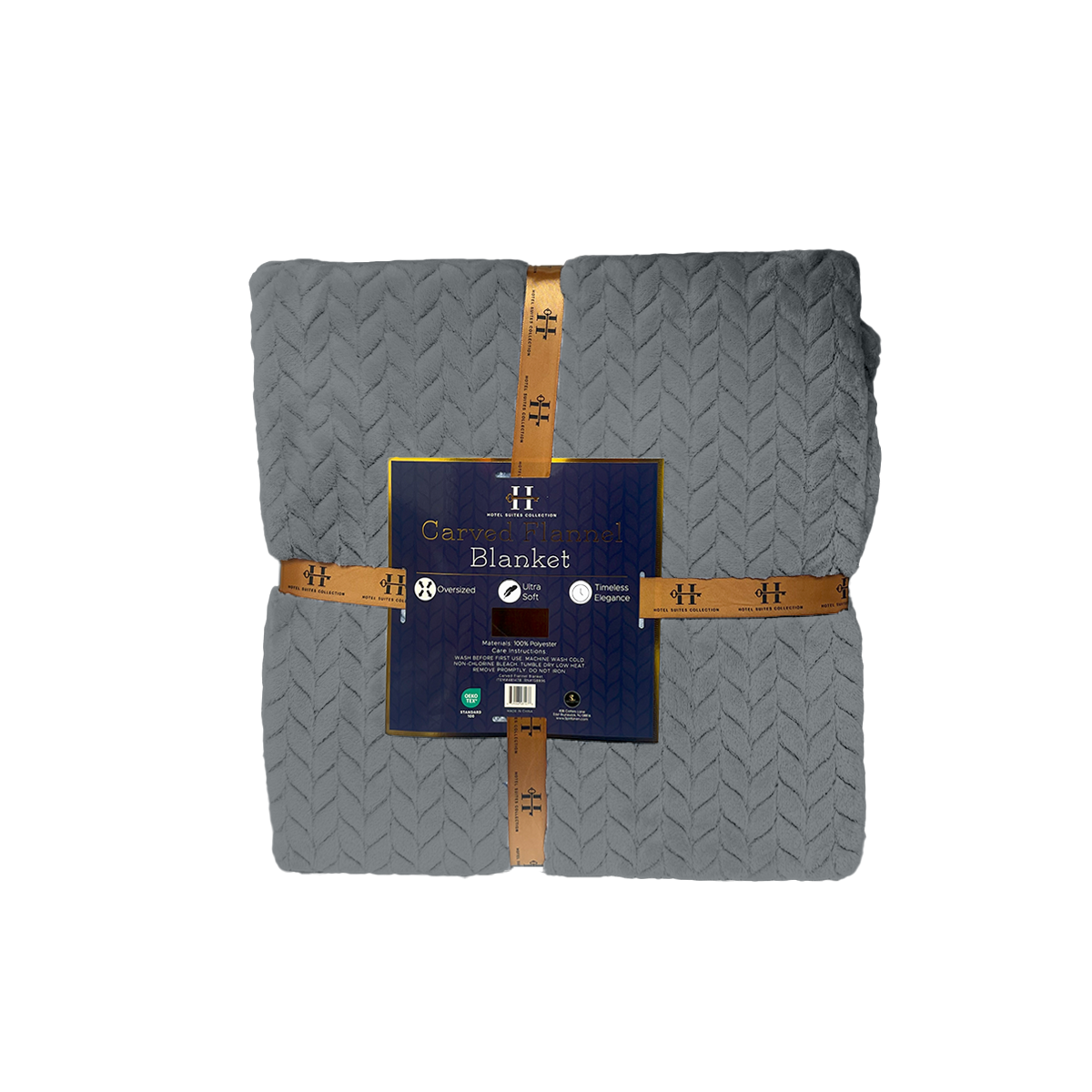 Gray blanket with a brown strap and label on a white background