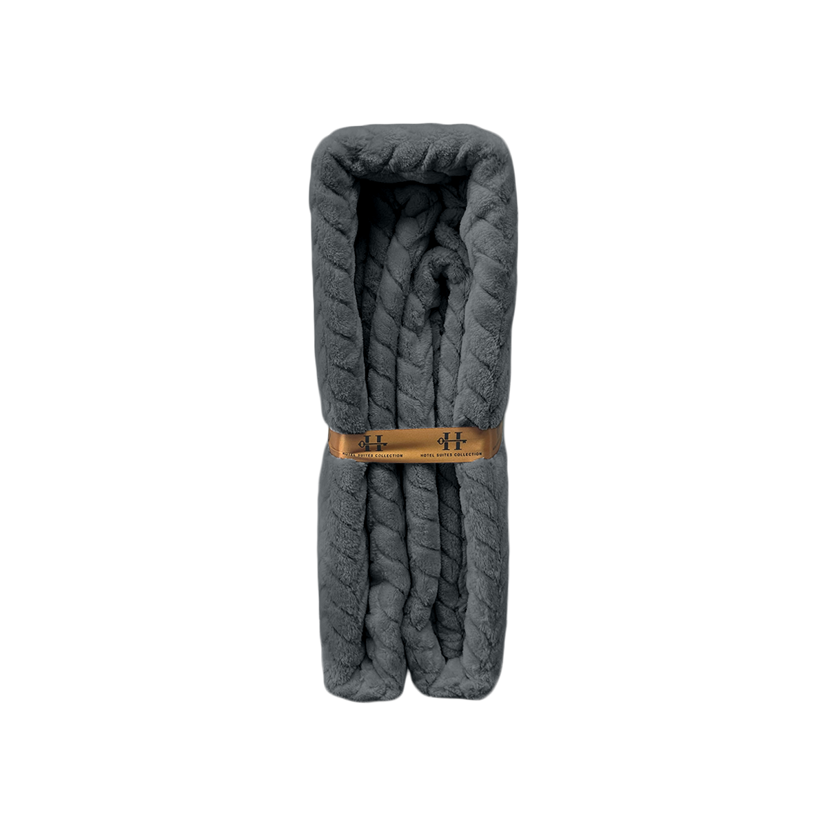 Gray quilted blanket with a wooden buckle on a white background