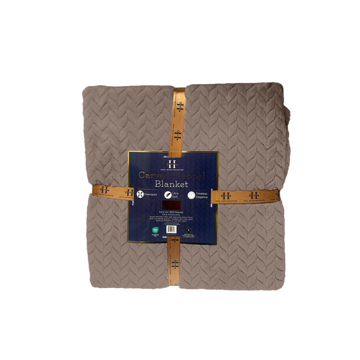 Folded beige blanket with a label on a white background