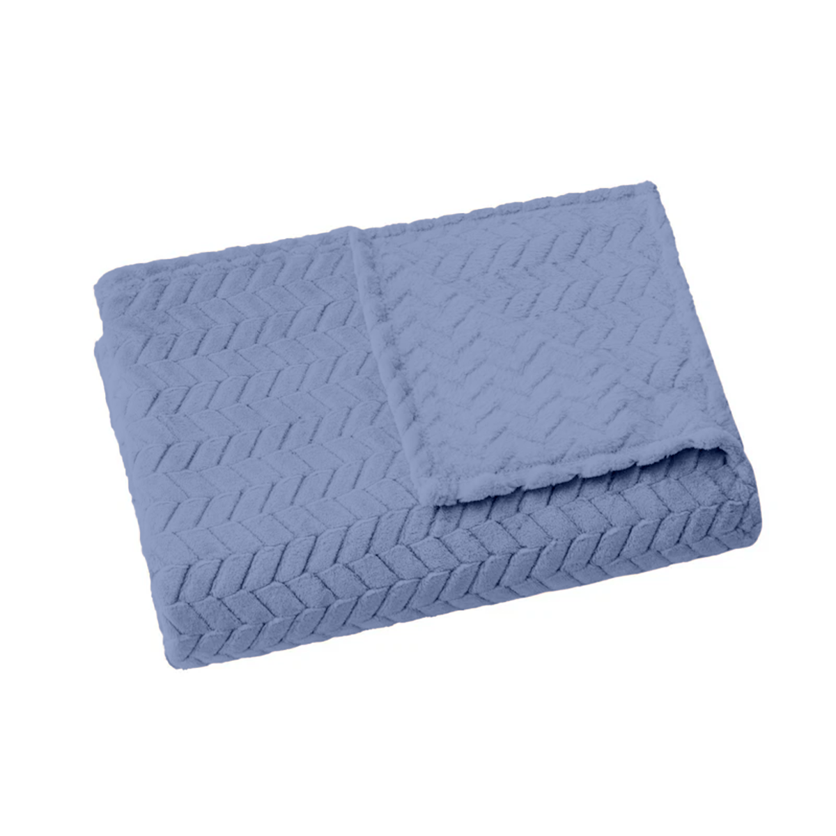 Folded blue textured blanket on a white background