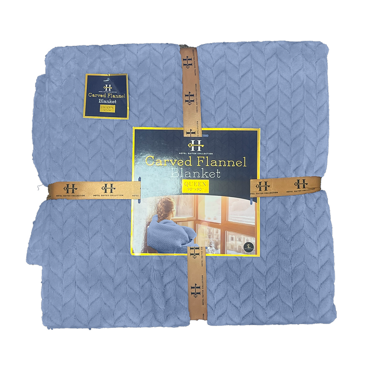 Blue flannel blanket with packaging on a white background