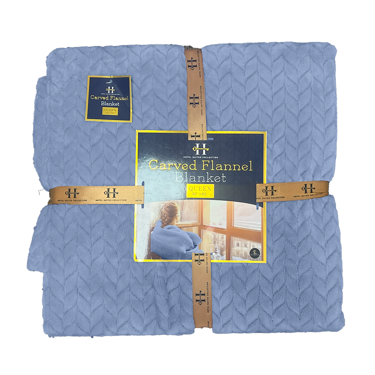 Blue flannel blanket with packaging on a white background