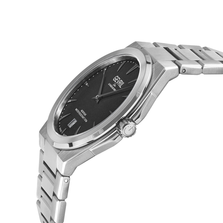 Silver watch with black dial on a white background
