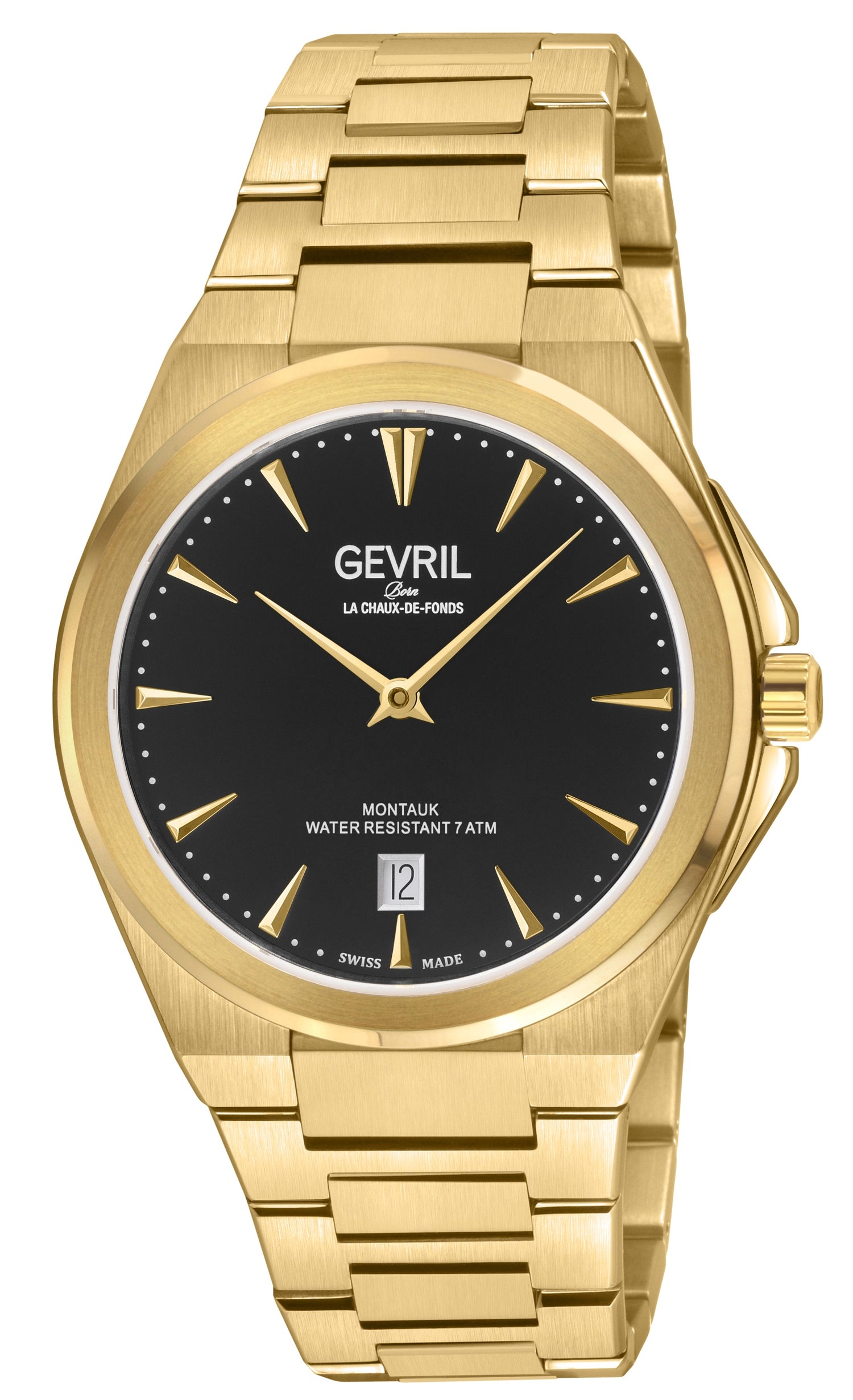 Gold watch with black dial featuring the brand 'Gevril' on a white background