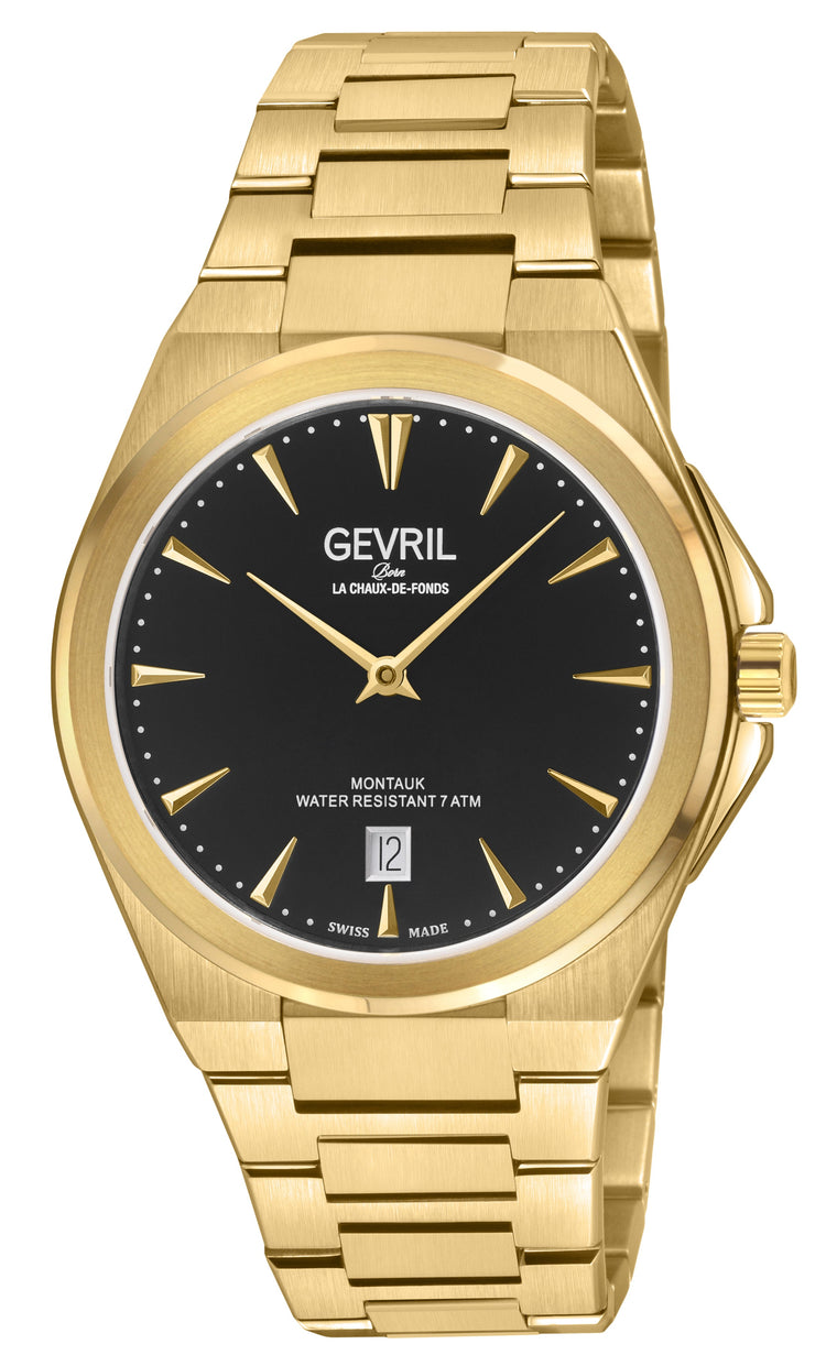 Gold watch with black dial featuring the brand 'Gevril' on a white background