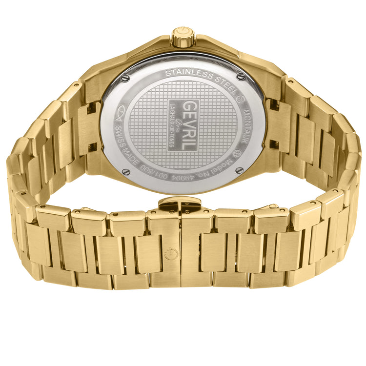 Gold watch with brand name on a white background