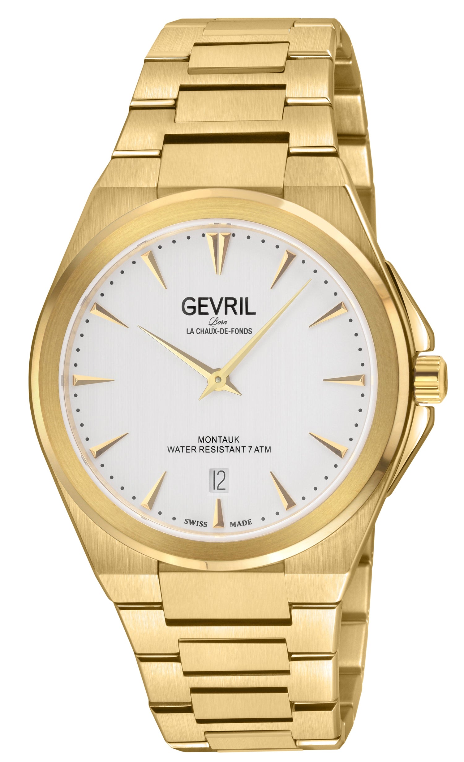 Gold wristwatch with white dial featuring the brand 'Gevril'.