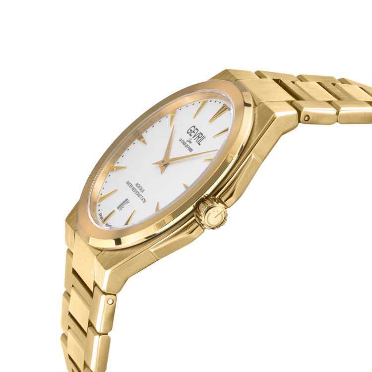 Gold wristwatch with a white dial on a white background