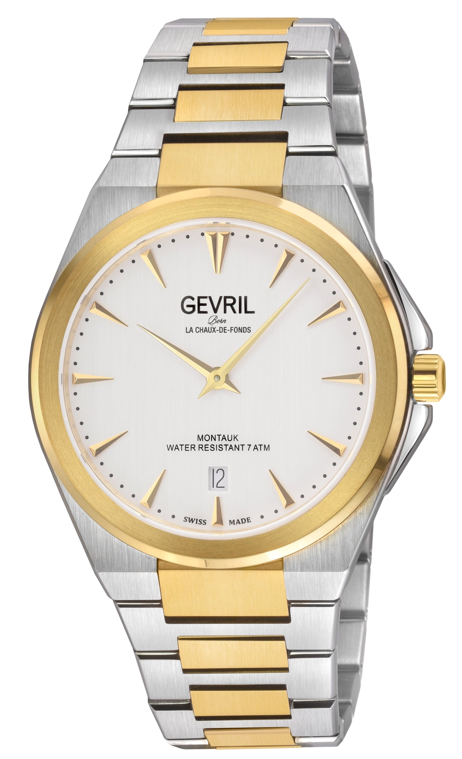 Two-tone silver and gold watch with white face displaying brand name on a white background