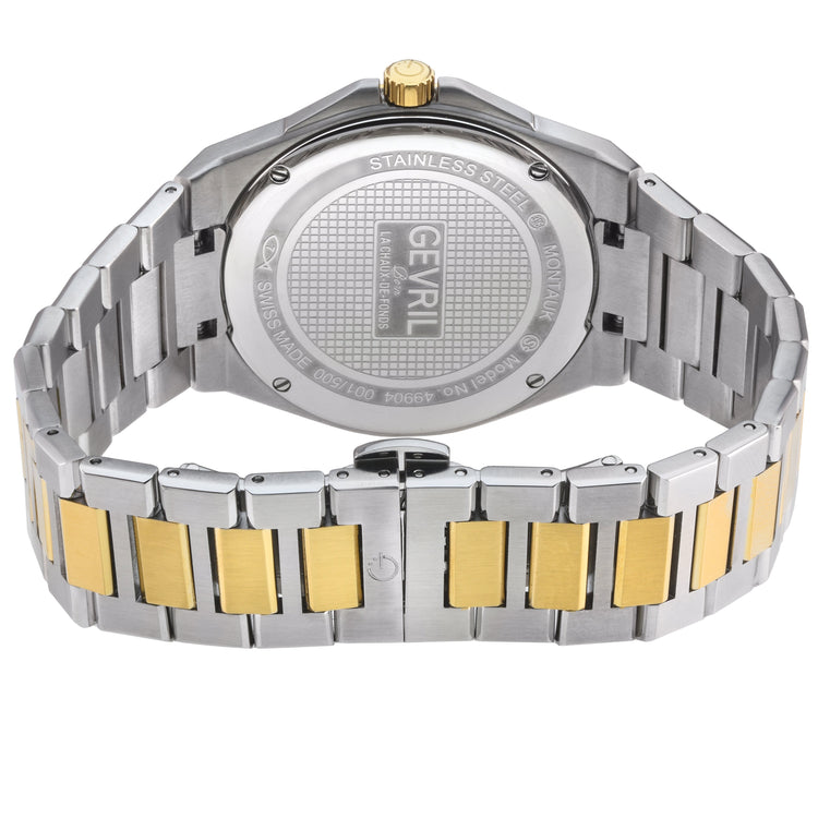 Two-tone silver and gold watch with brand name on a white background