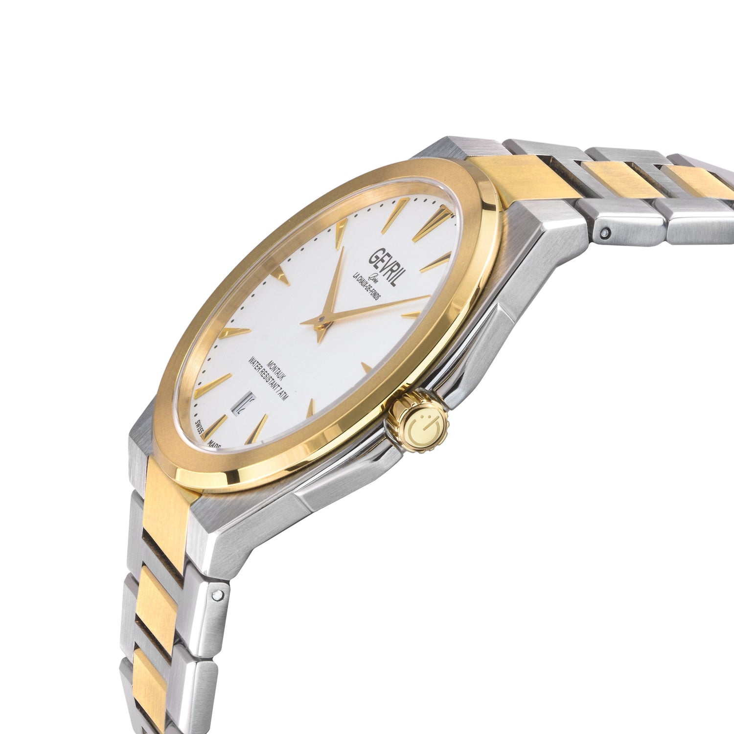 Two-tone silver and gold watch on a white background