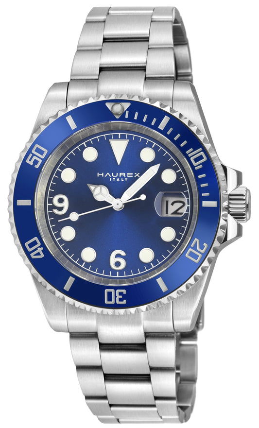 Haurex watch with blue dial and silver metal strap on a white background