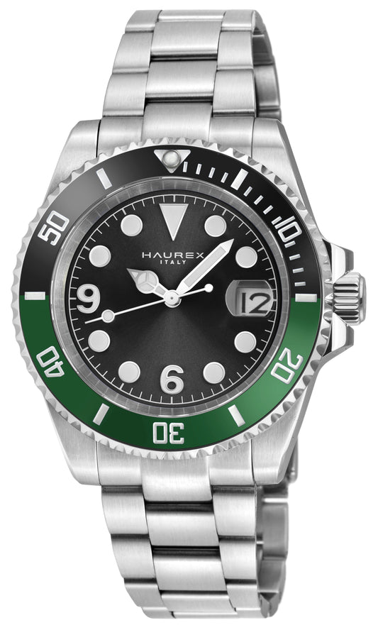 Watch with black face, green bezel, and silver metal strap on a white background