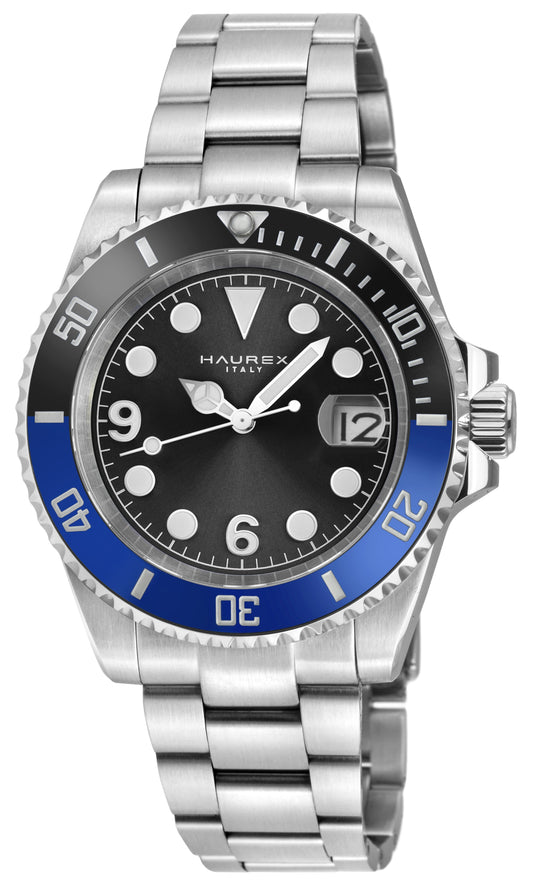 Watch with black face, blue bezel, and silver metal strap on a white background